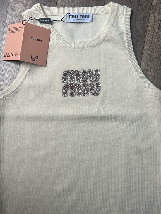 Miu Miu Tops - Miu Miu Cream Beaded Logo Sleeveless Knit Top